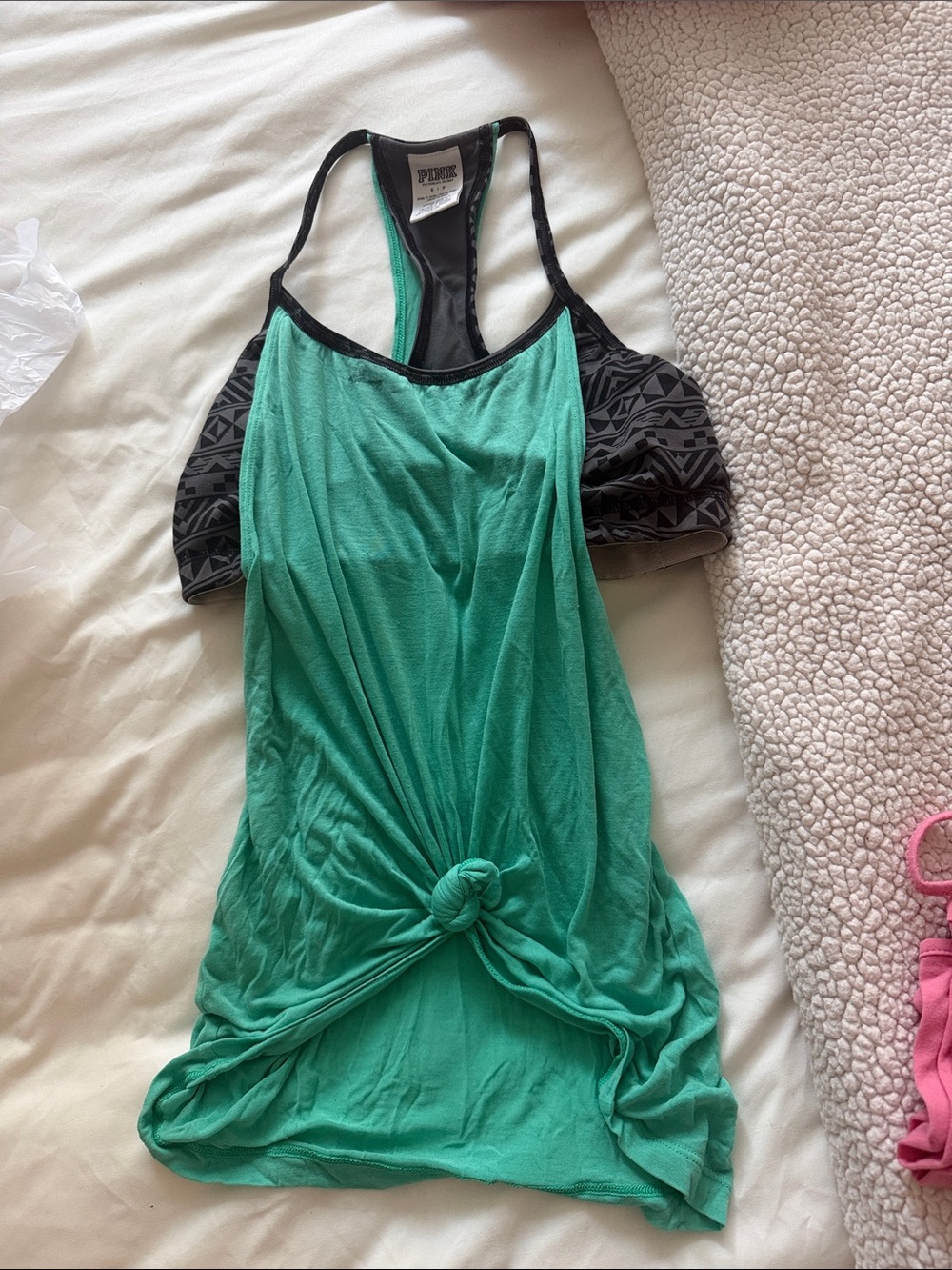 PINK Victoria's Secret Green Racerback Tank with Black Aztec Trim